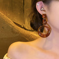 Resin Round Hollow Pendant Drop Earrings With Silver Needles Vintage Maillard Geometric Style view 2