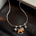 Old Money Copper Zircon Wood Horse Saturn Pendant Sweater Necklace Vintage Zodiac Collarbone Jewelry view 2