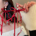 Faux Pearl Bow Tassel Drop Earrings Elegant Vintage Statement Silver Needle Ear Jewelry view 3