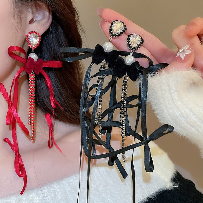 Faux Pearl Bow Tassel Drop Earrings Elegant Vintage Statement Silver Needle Ear Jewelry