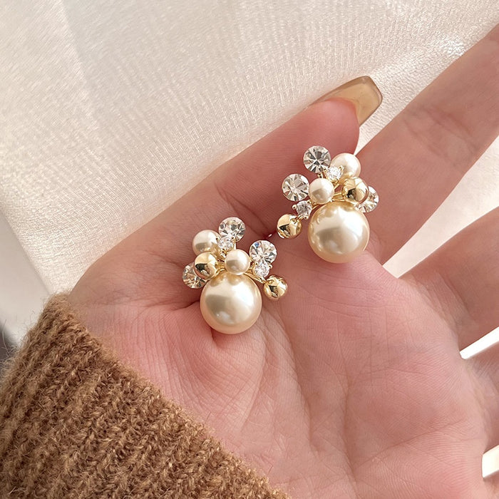 18K Gold Plated Silver Needle Zircon Flower Faux Pearl Stud Earrings For Women Light Luxury – Gold