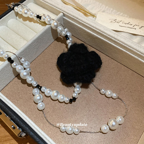 Light Luxury Double Layer Faux Pearl Flower Sweater Necklace For Women