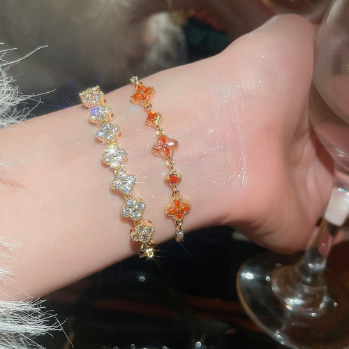 18K Gold Plated Copper Zircon Flower Bangle Vintage Elegant Light Luxury Bracelet For Women
