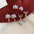 Chinese Style Enamel Lion Coin Pearl Alloy Stud Earrings With Silver Pins view 3