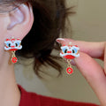 Chinese Style Enamel Lion Coin Pearl Alloy Stud Earrings With Silver Pins view 4