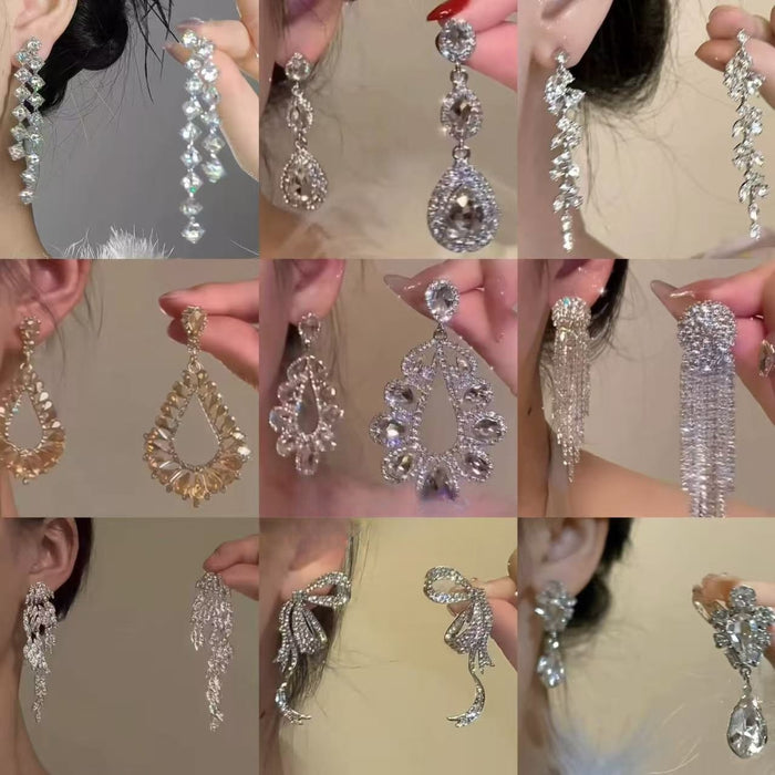 Copper Rhinestone Teardrop Tassel Drop Earrings Court Style Light Luxury Geometric Line Jewelry