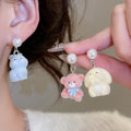 Cute Copper Stud Earrings With Flocked Rabbit Bear And Pearl Light Luxury Animal Design view 2