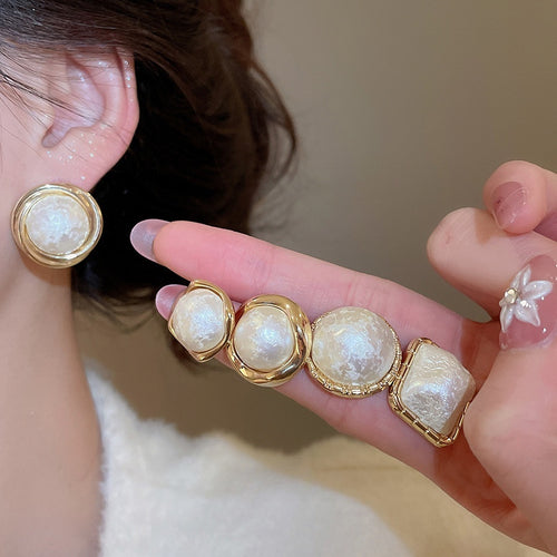Minimalist Modern Gold Plated Crumpled Geometric Faux Pearl Stud Earrings With Silver Posts