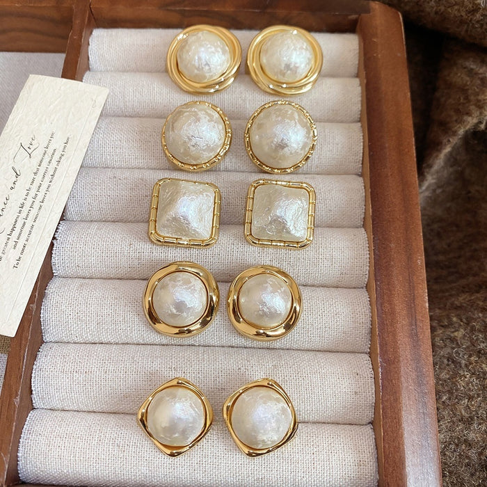 Minimalist Modern Gold Plated Crumpled Geometric Faux Pearl Stud Earrings With Silver Posts