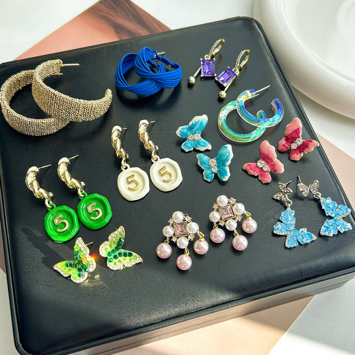 New Rhinestone Heart Bow Stud Earrings For Women, French Retro Green Fashion Ear Jewelry