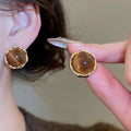 18K Gold Plated Resin Tiger Eye Look Round Geometric Stud Earrings For Women Maillard Style view 4