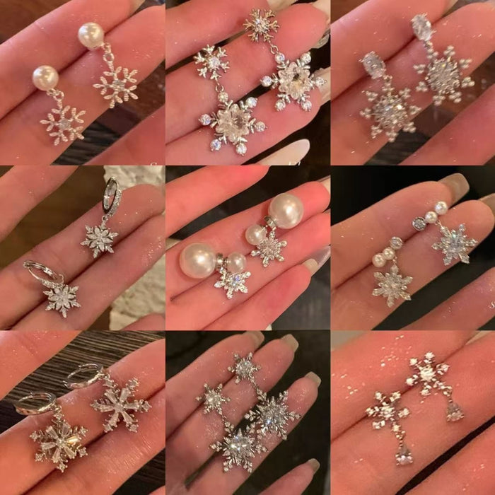 Light Luxury Snowflake Zircon Faux Pearl Stud Earrings With Silver Posts For Women