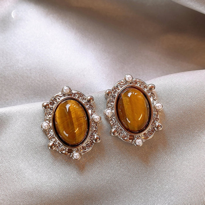 Light Luxury Oval Tiger Eye Stone Pearl Stud Earrings For Women Daily Commute Jewelry