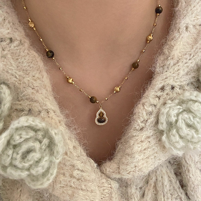 18K Gold Plated Copper Tiger Eye Gourd Pendant Necklace, Maillard Style Light Luxury Clavicle Chain