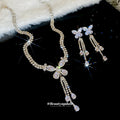 Copper Zircon Butterfly Tassel Necklace And Stud Earrings Jewelry Set For Women view 3