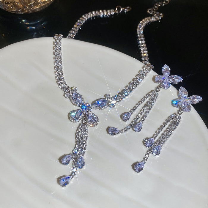 Copper Zircon Butterfly Tassel Necklace And Stud Earrings Jewelry Set For Women