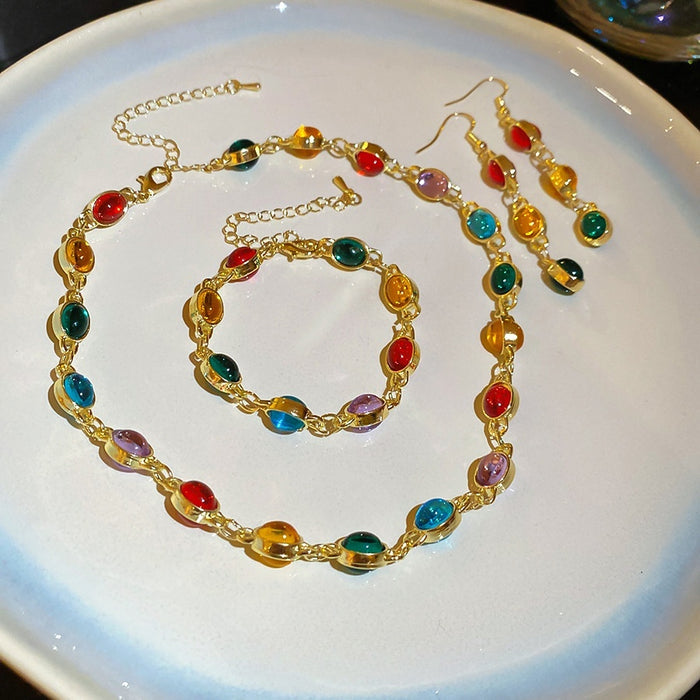 Vintage Dopamine Oval Resin Bracelet Necklace Ear Hook Jewelry Set For Women