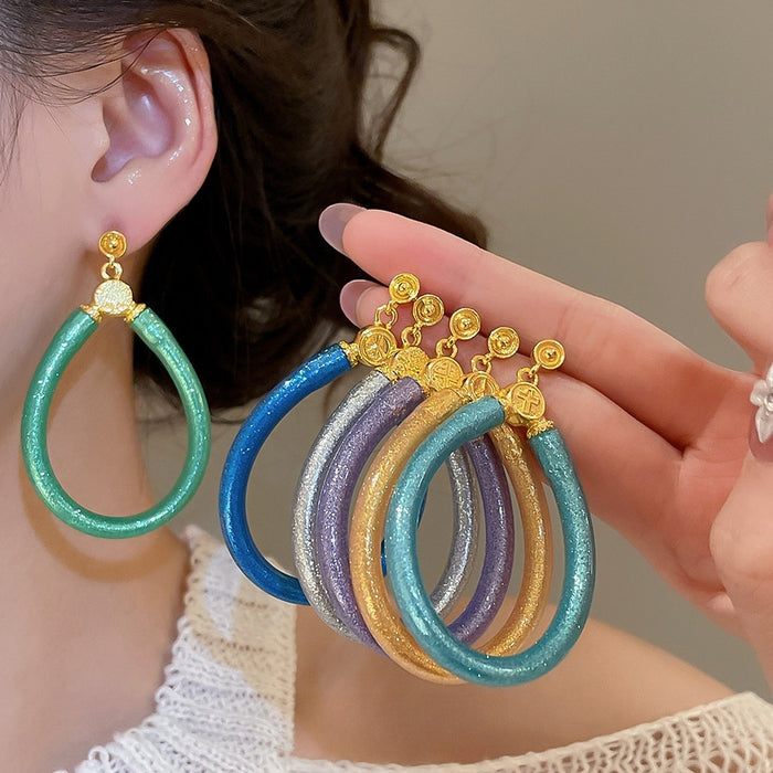 European Style Faux Leather Oval Hollow Geometric Pendant Drop Earrings For Women