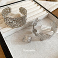 Iron Textured Flower Open Bangle, Minimalist European American Light Luxury Round Bracelet view 4