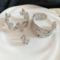 Iron Textured Flower Open Bangle, Minimalist European American Light Luxury Round Bracelet view 2