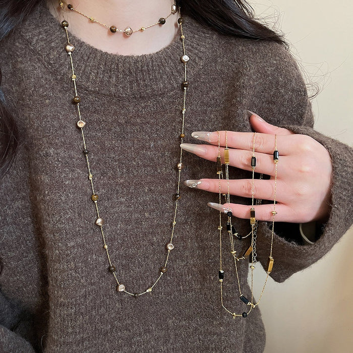 Vintage Tiger Eye Beaded Layered Sweater Necklace With Geometric Round Light Luxury Design