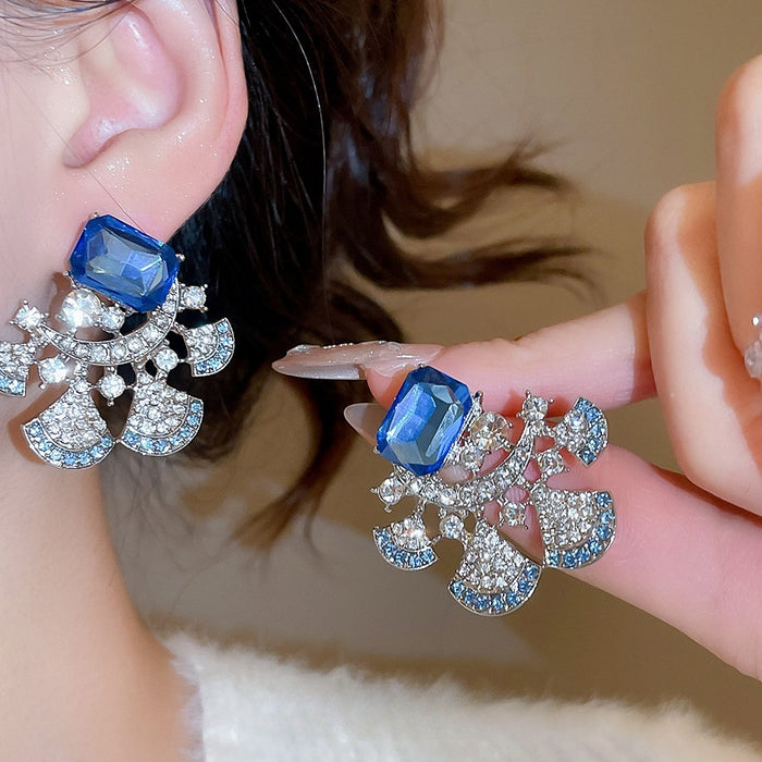 Alloy Rhinestone Square Fan Stud Earrings, Court Style Light Luxury Geometric Jewelry