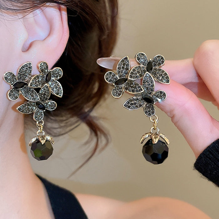 Vintage Crystal Butterfly Flower Stud Earrings With Silver Pins, Light Luxury Floral Jewelry For Women