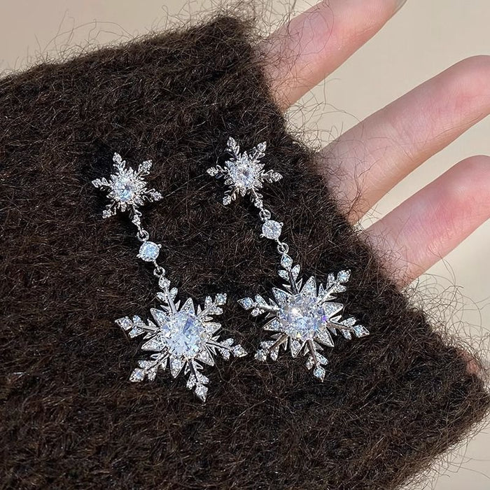 Light Luxury Copper Zircon Snowflake Flower Drop Earrings With Silver Posts For Women