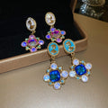 Copper Rhinestone Oil Painting Flower Pendant Drop Earrings, Court Style Light Luxury Floral Jewelry view 1