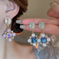Copper Rhinestone Oil Painting Flower Pendant Drop Earrings, Court Style Light Luxury Floral Jewelry view 2