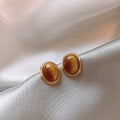 18K Gold Plated Resin Oval Stud Earrings Vintage Light Luxury Geometric Ear Jewelry view 2