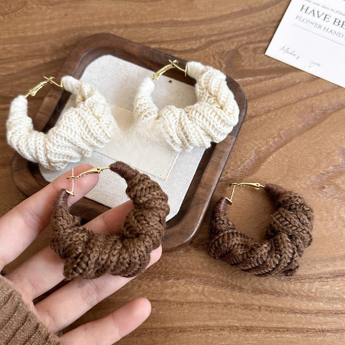 Sterling Silver Needle Yarn-Wrapped Round Hoop Earrings Retro Geometric Light Luxury Fashion OL Autumn Winter Ear Jewelr
