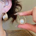 16K Gold Plated Round Faux Pearl Earrings Vintage Elegant Geometric Ear Cuff Style view 2