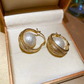 16K Gold Plated Round Faux Pearl Earrings Vintage Elegant Geometric Ear Cuff Style view 3