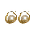 16K Gold Plated Round Faux Pearl Earrings Vintage Elegant Geometric Ear Cuff Style view 5