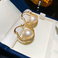 16K Gold Plated Round Faux Pearl Earrings Vintage Elegant Geometric Ear Cuff Style view 1