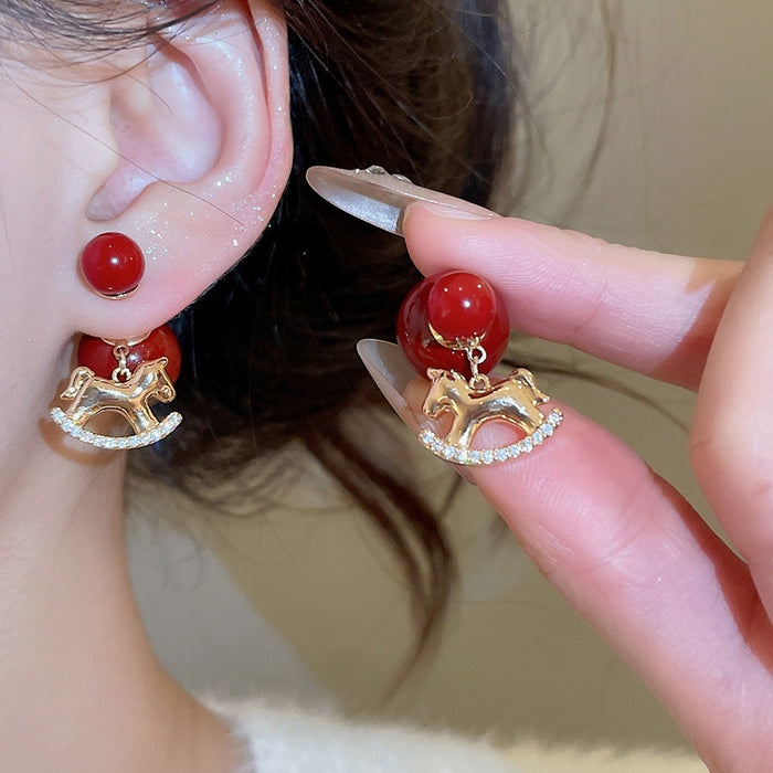 18K Gold Plated Copper Zircon Horse Pendant Drop Earrings With Silver Pins