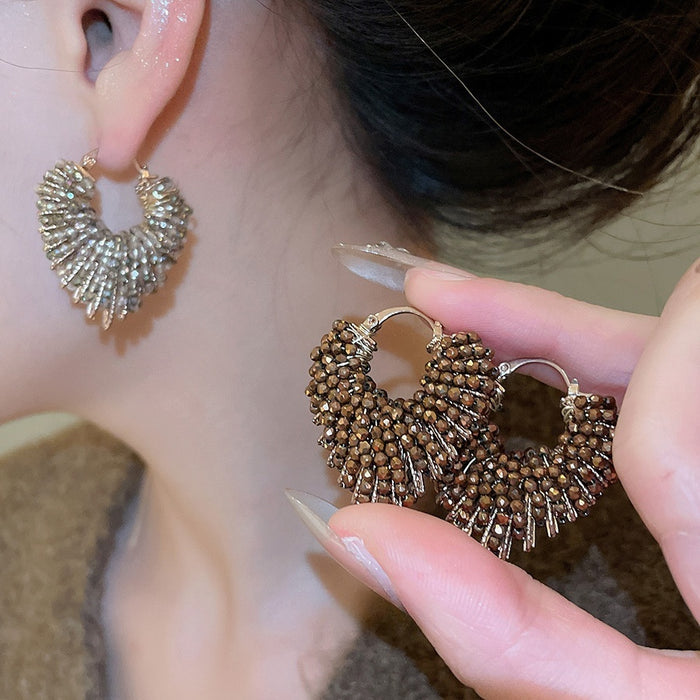Vintage Light Luxury Faux Crystal Beaded Heart Earrings, European American Designer Style