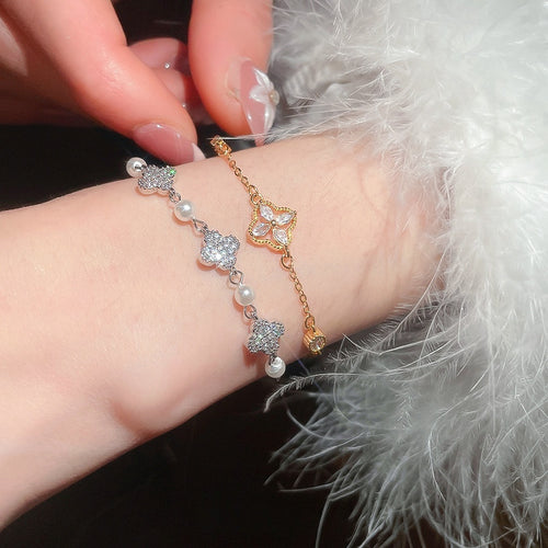 French Vintage Copper Zircon Flower Pearl Bangle For Women, Elegant Light Luxury Floral Bracelet