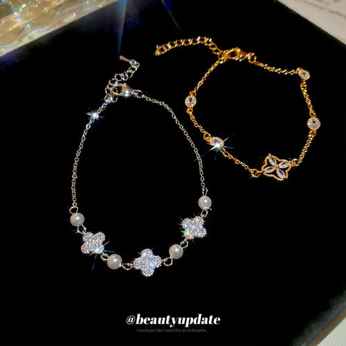 French Vintage Copper Zircon Flower Pearl Bangle For Women, Elegant Light Luxury Floral Bracelet