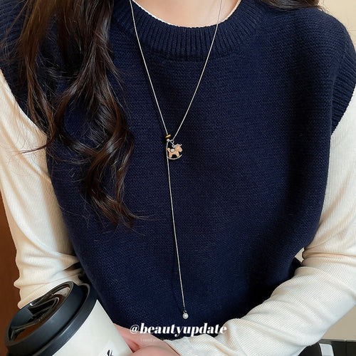 Light Luxury Faux Pearl Sweater Necklace With Zircon Tiger Eye Wood Horse Pendant