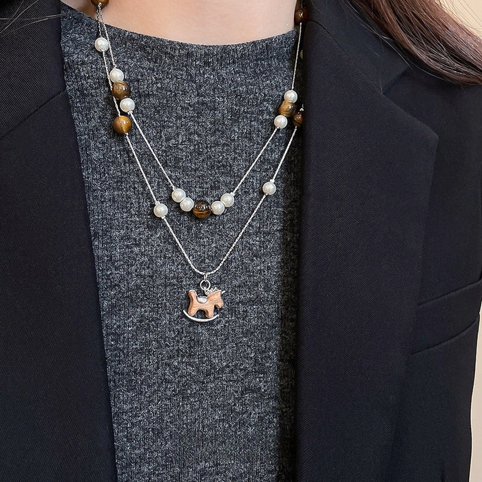 Maillard Style Faux Pearl Tiger Eye Wood Horse Pendant Sweater Necklace