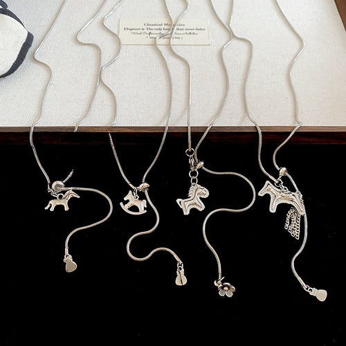Light Luxury Copper Zircon Horse Pendant Sweater Necklace Animal Zodiac Long Chain Fashion Jewelry
