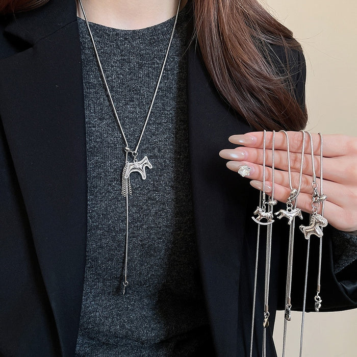 Light Luxury Copper Zircon Horse Pendant Sweater Necklace Animal Zodiac Long Chain Fashion Jewelry