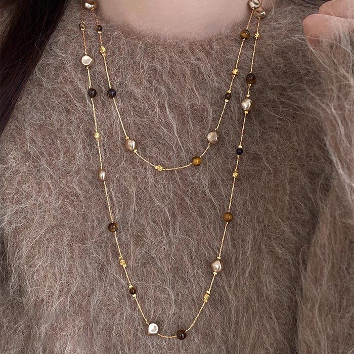 18K Gold Plated Tiger Eye Faux Pearl Round Geometric Sweater Necklace Light Luxury Designer Choker