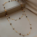 18K Gold Plated Tiger Eye Faux Pearl Round Geometric Sweater Necklace Light Luxury Designer Choker view 2