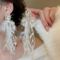 Silver Post Rhinestone Bow Tassel Drop Earrings Elegant Light Luxury Statement Jewelry view 3
