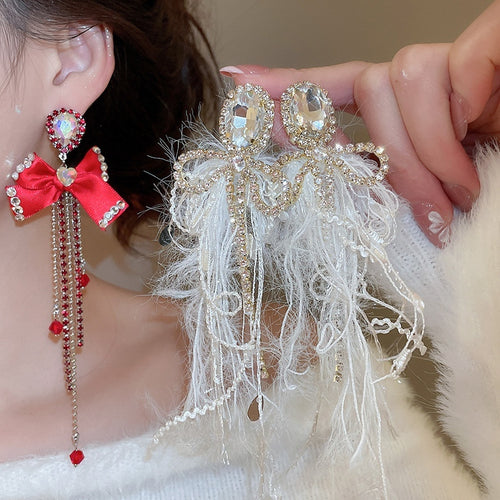 Silver Post Rhinestone Bow Tassel Drop Earrings Elegant Light Luxury Statement Jewelry