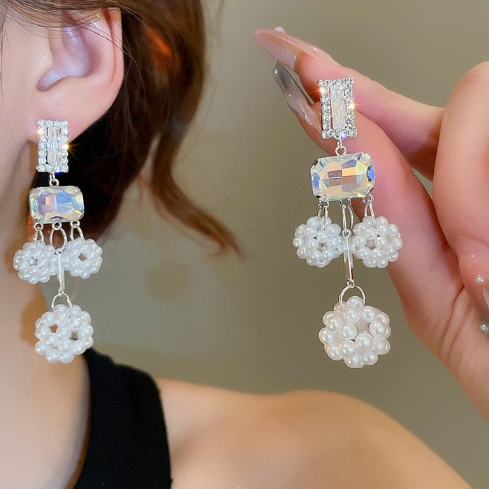 Light Luxury Faux Pearl Stud Earrings With Rhinestone Hollow Ball Geometric Design