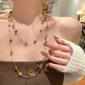 18K Gold Plated Tiger Eye Faux Pearl Sweater Necklace Vintage Light Luxury Round Geometric Choker view 2